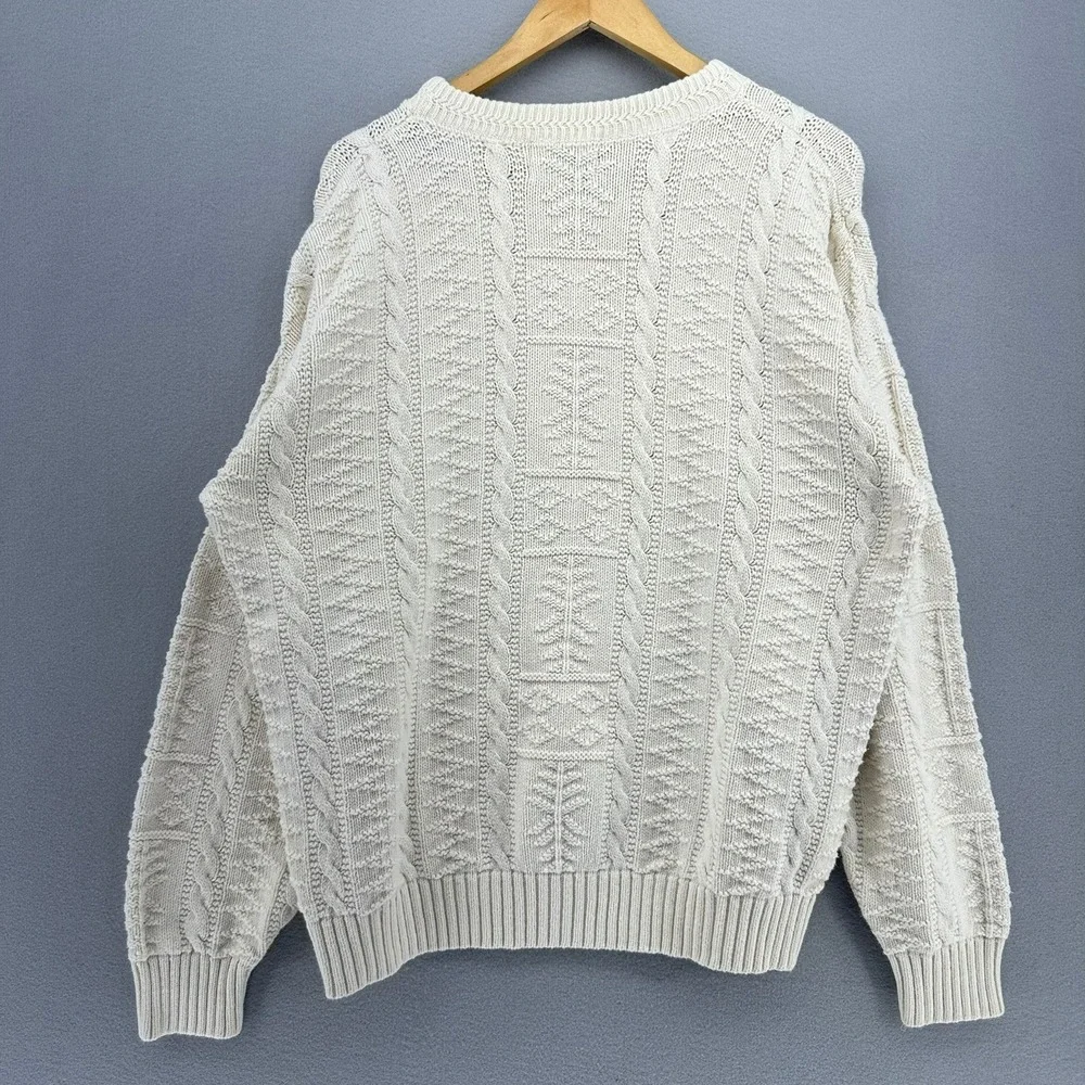 VTG Windsor Shirt Company Cream Cable Knit Tree Motif Sweater SZ L 1990s Cosby - Picture 3 of 8